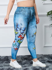 Plus Size Butterfly & Denim Print High Rise Leggings Women's Plus