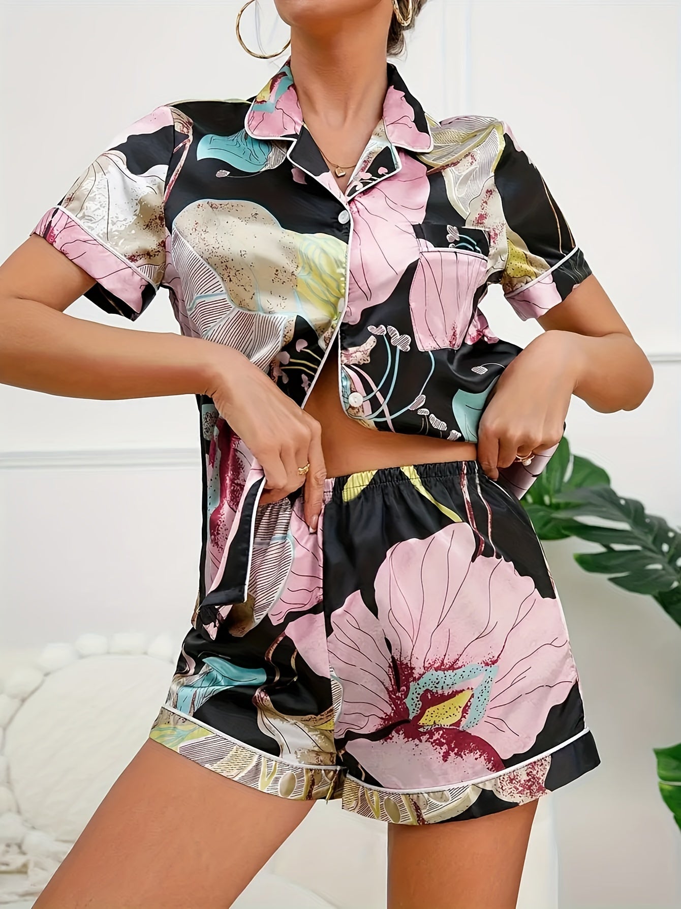 Floral Print Pajama Set Short Sleeve Buttons Top & Elastic Waistband Shorts