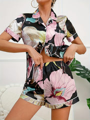 Floral Print Pajama Set Short Sleeve Buttons Top & Elastic Waistband Shorts