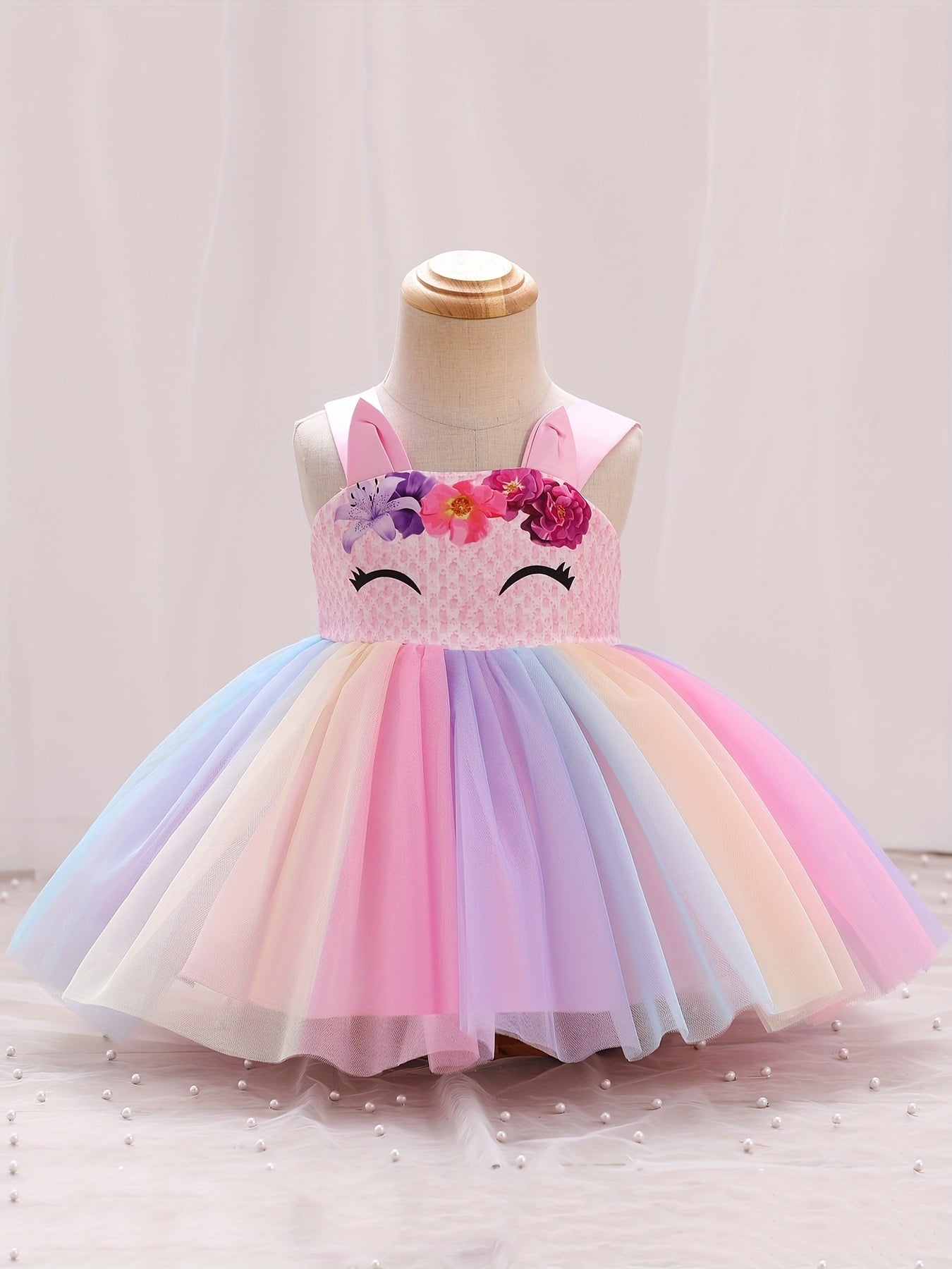 Baby Girls Unicorn Floral Mesh Gown Dress For Party