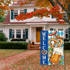 Welcome Oktoberfest Beer Garden Flag with Pretzels & Sausage Design