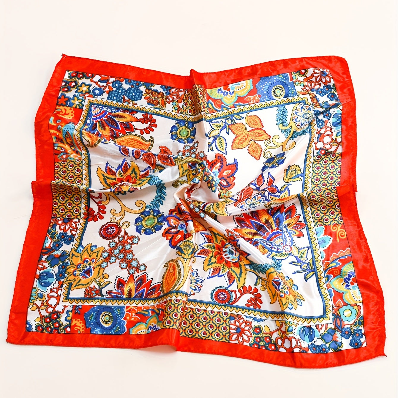 Flower Printed Square Scarf Silk Feeling Neck Scarf