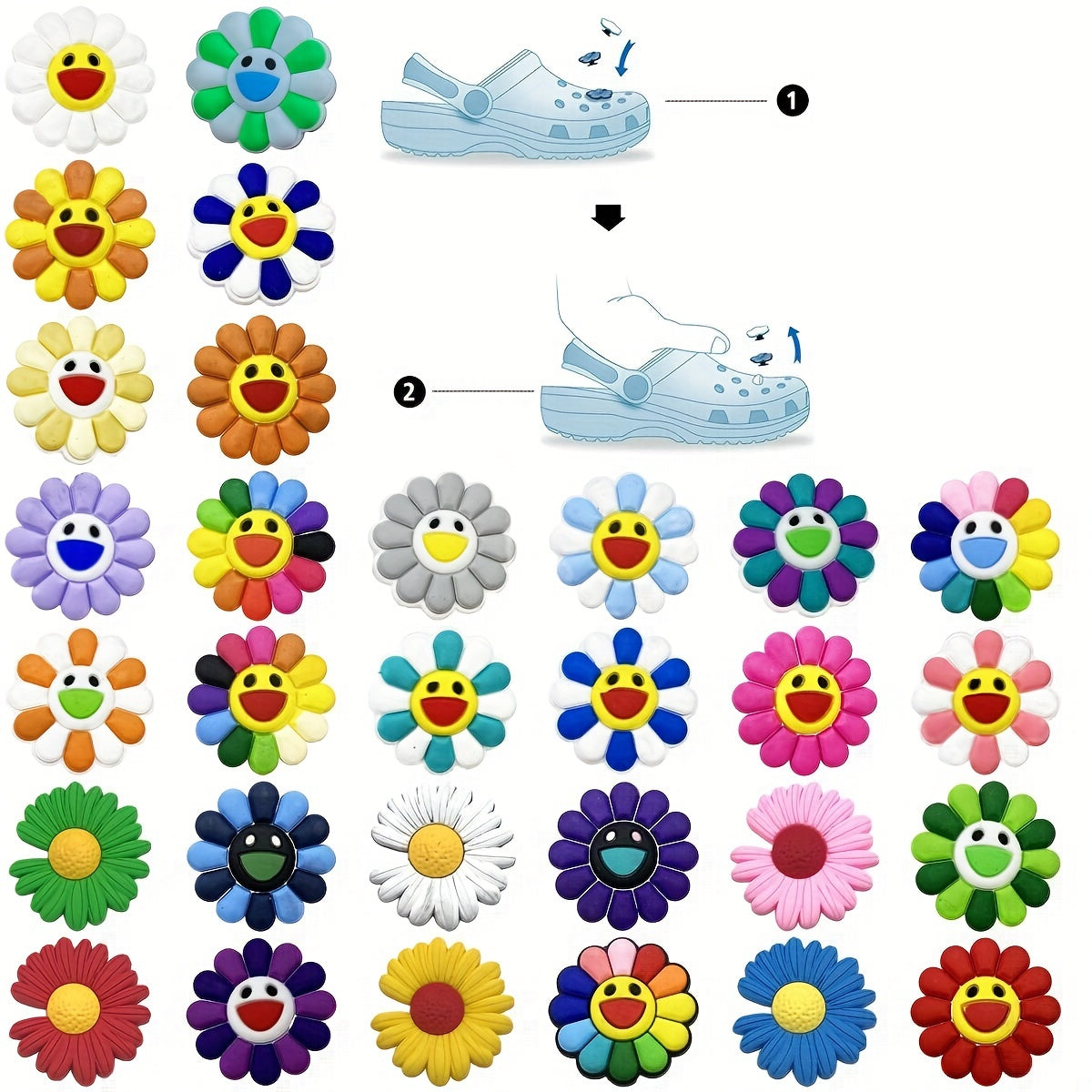 30pcs Flower Shoe Charms Slipper Sandals DIY Shoes Pins Boys Girls Men Women
