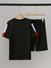 Boys 2pcs T shirt & Shorts Set Clash Print Crew Neck Tee Casual Kids Summer