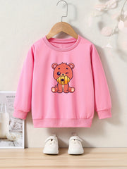 Bear Print Girls Casual Pullover Sweatshirt Long Sleeve Crew Neck Tops
