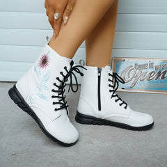 Women's Flower Embroidery Mid Calf Boots Low Heel Outdoor Boots