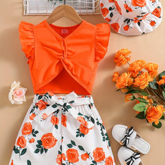 Girls Twist Front V Neck Top & Floral Print Shorts Set