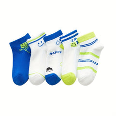 5 Pairs Kids Cartoon Smile Face Boat Socks, Breathable Cotton Short Socks