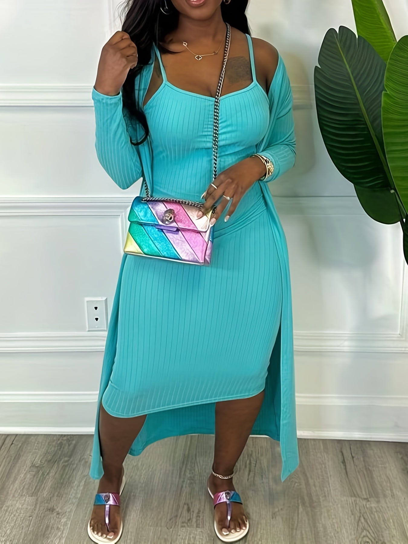Solid Casual Two piece Set Cardigan & Midi Dress Women's Clothing
