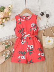 Toddler Girls Flower Print Sleeveless Jumpsuit Shorts With Bow Waist