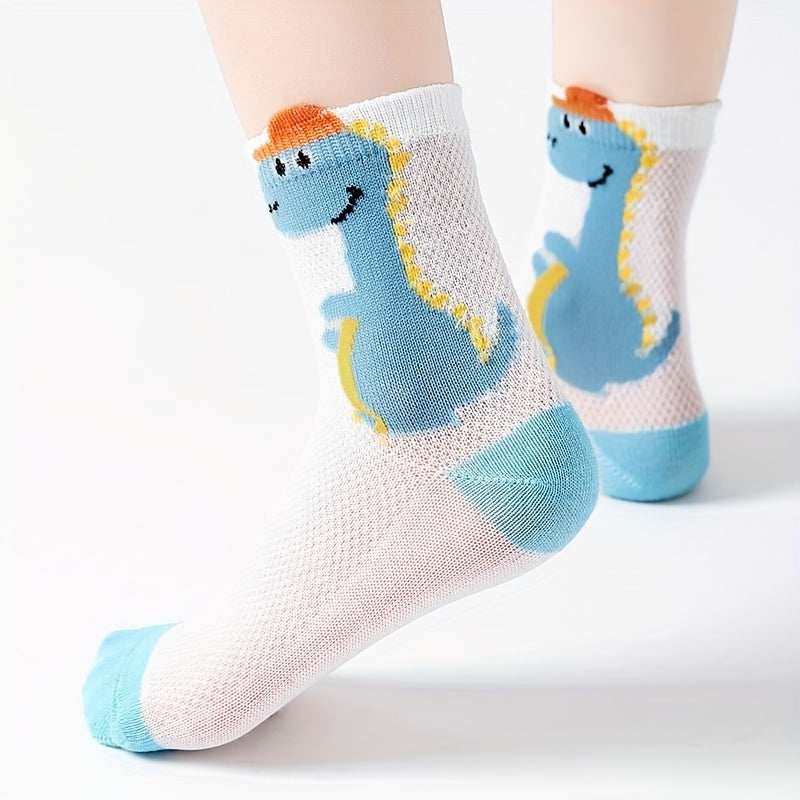 5 Pairs Boys Dinosaur Pattern Short Crew Socks - Breathable & Comfortable