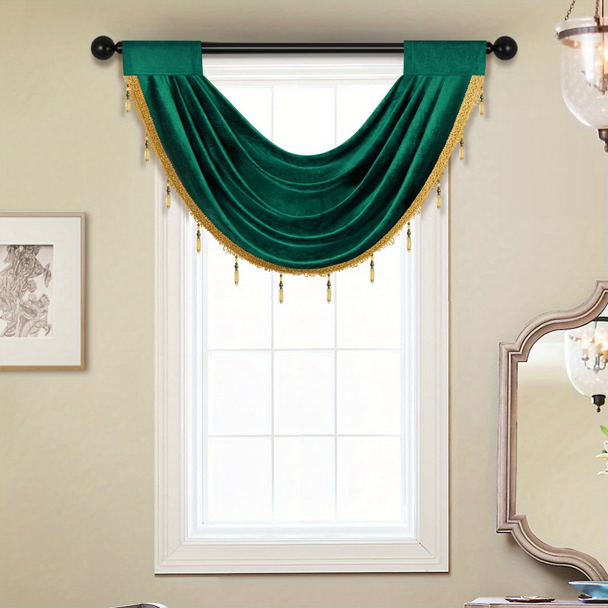 European Style Fleece Window Mantle with Tassel Bead Edge 30x24 Inches