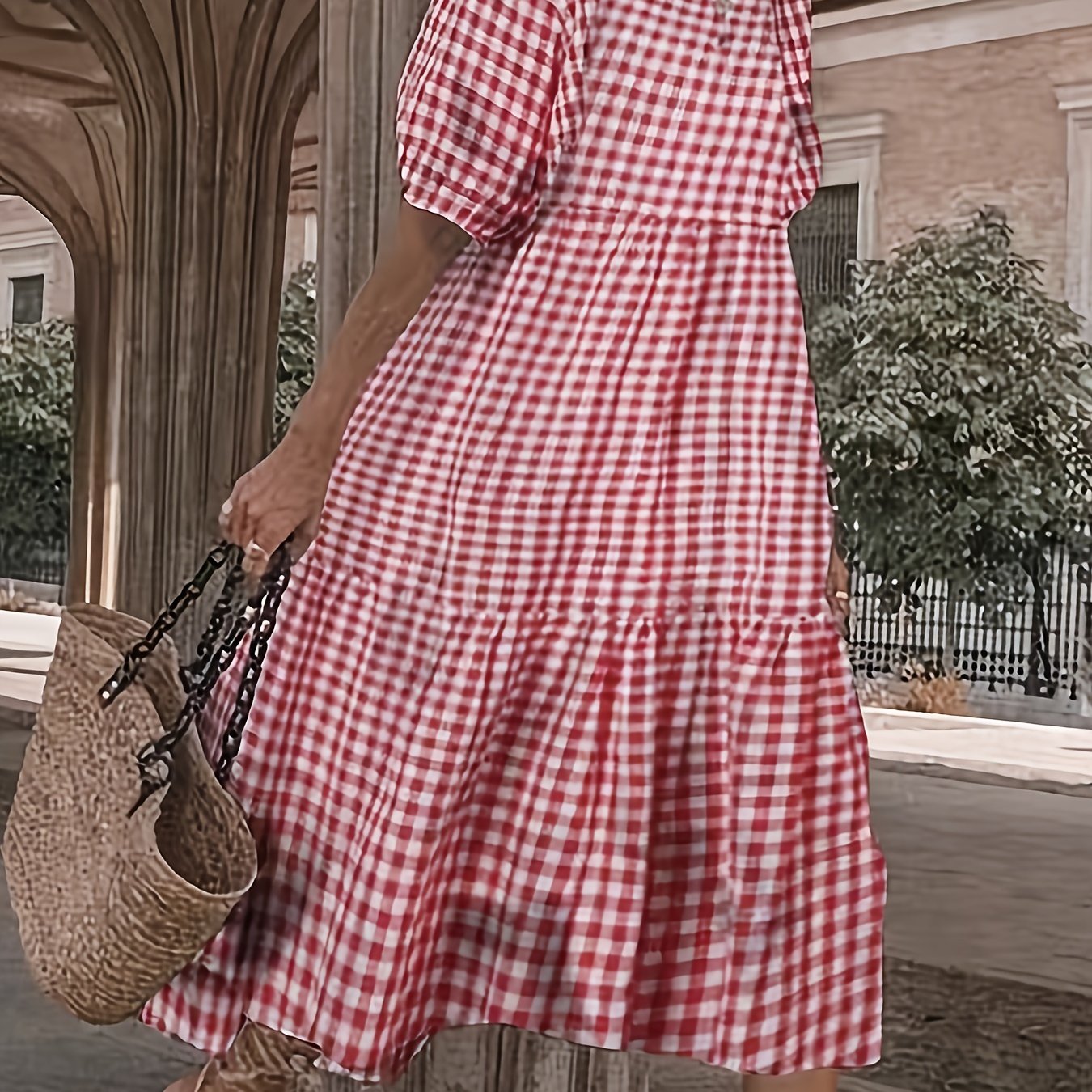 Plaid Print Puff Sleeve Tiered Dress Casual Dress For Spring & Summer