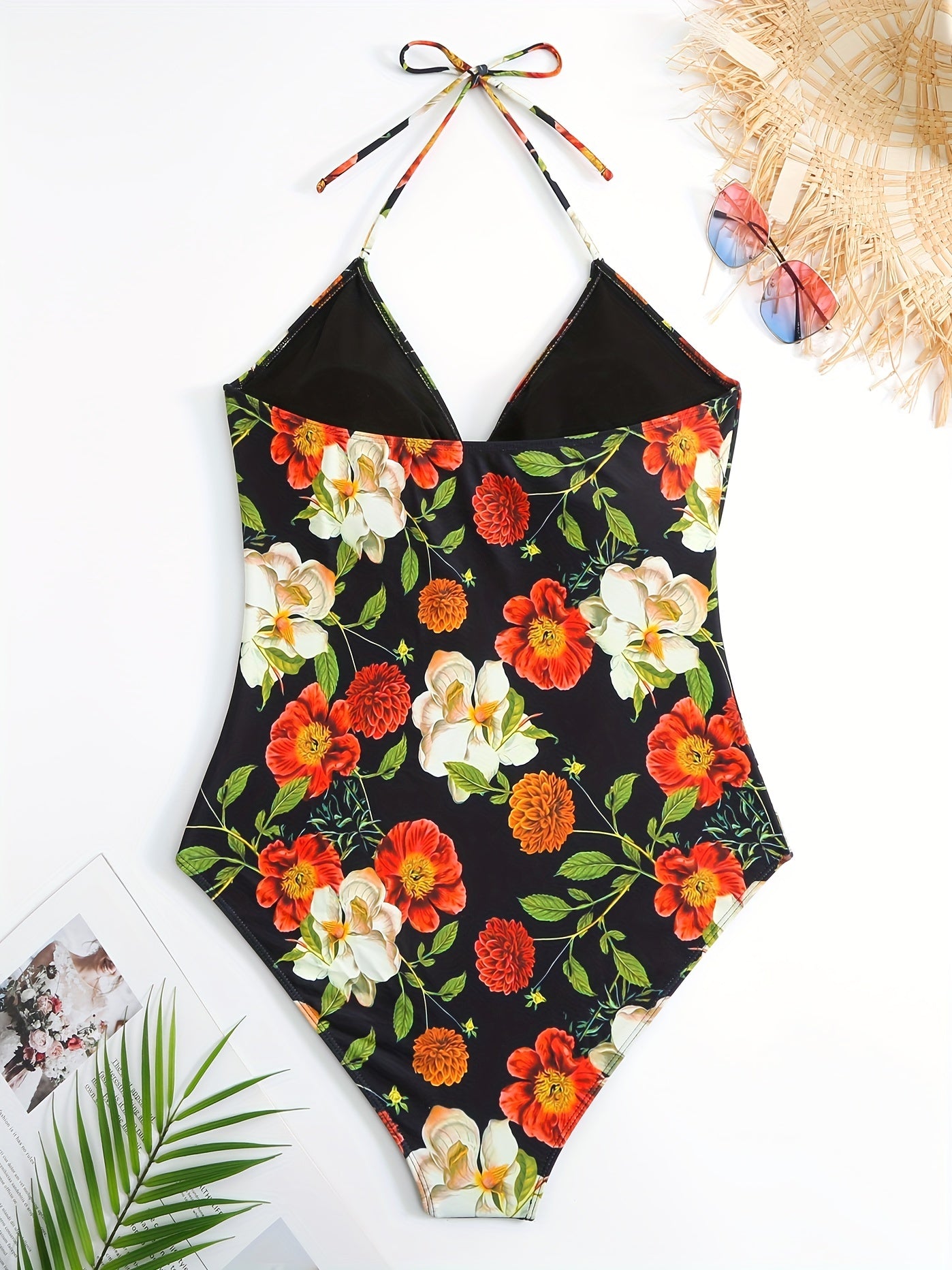 Floral Print Tie Front V-Neck Halter One Piece Bikini
