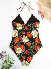 Floral Print Tie Front V-Neck Halter One Piece Bikini