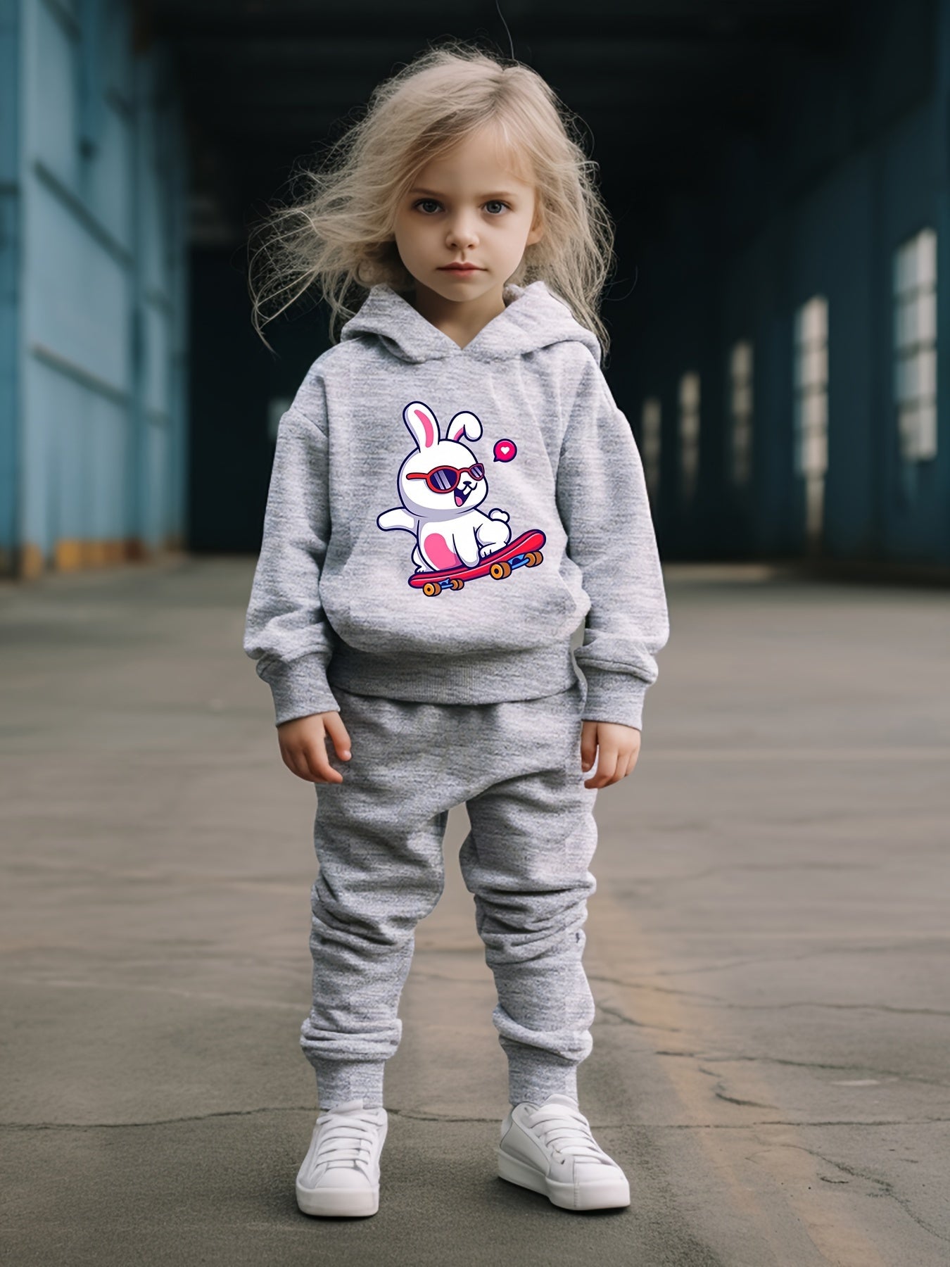 Skate Bunny Print Hooded Pullover Pants Set for Girls Boys
