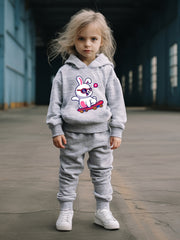 Skate Bunny Print Hooded Pullover Pants Set for Girls Boys