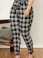 Plaid Print Stretch Leggings With Belt