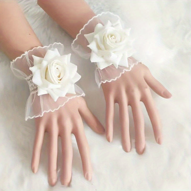 Rose Decor Lace Wrist Cuffs Ruffles Lace Pleated Horn Cuffs