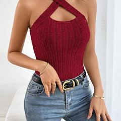 Ribbed Knit Cut Out Halter Top Sleeveless Summer Women's Clothing