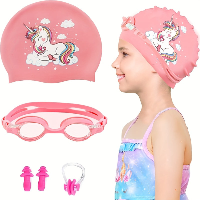Pattern Silicone Swimming Caps with Earplugs & Nose Clips