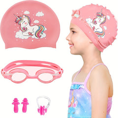 Pattern Silicone Swimming Caps with Earplugs & Nose Clips