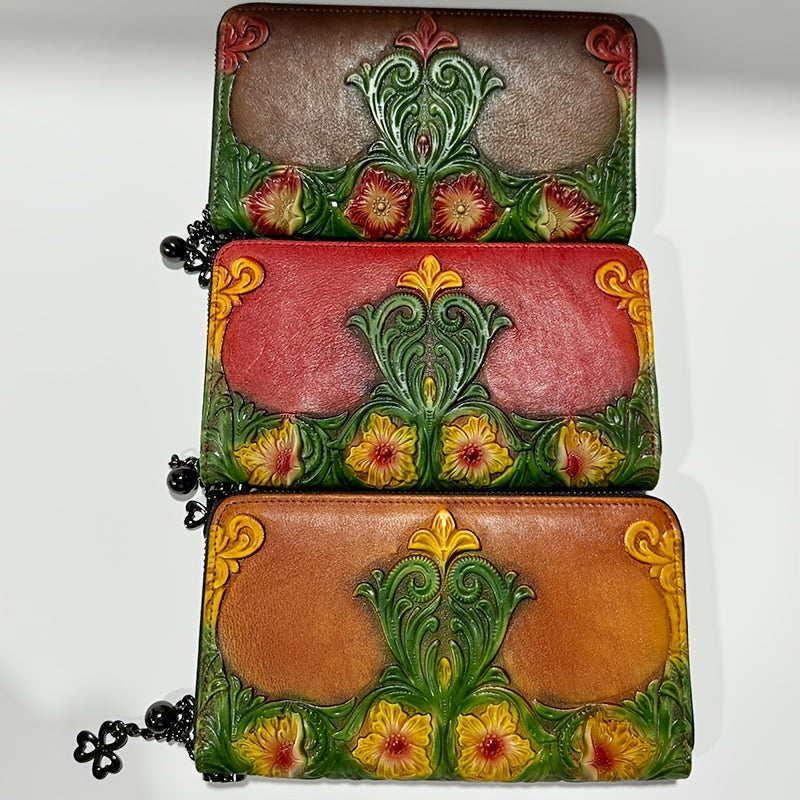 Vintage Floral Print Leather Women's Wallet with Wrist Strap Red