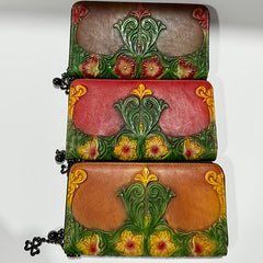 Vintage Floral Print Leather Women's Wallet with Wrist Strap Red