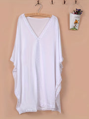 V Neck Cover Up Tops Loose Fit Solid Contrast Trim Beachwear