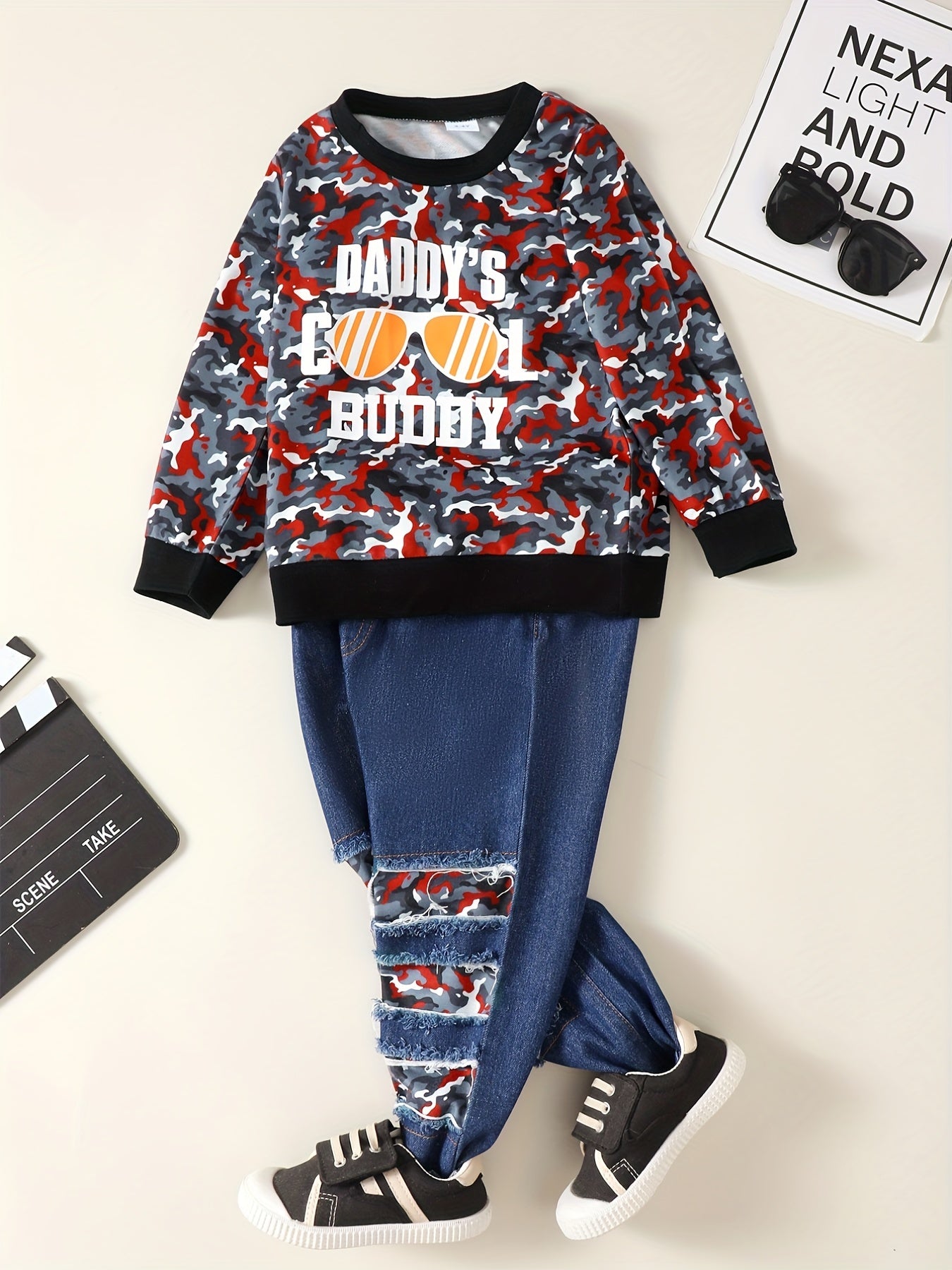 Boys Daddy's BUDDY Print Camouflage Long Sleeve Sweatshirt & Ripped Jeans Set