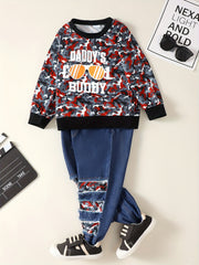 Boys Daddy's BUDDY Print Camouflage Long Sleeve Sweatshirt & Ripped Jeans Set
