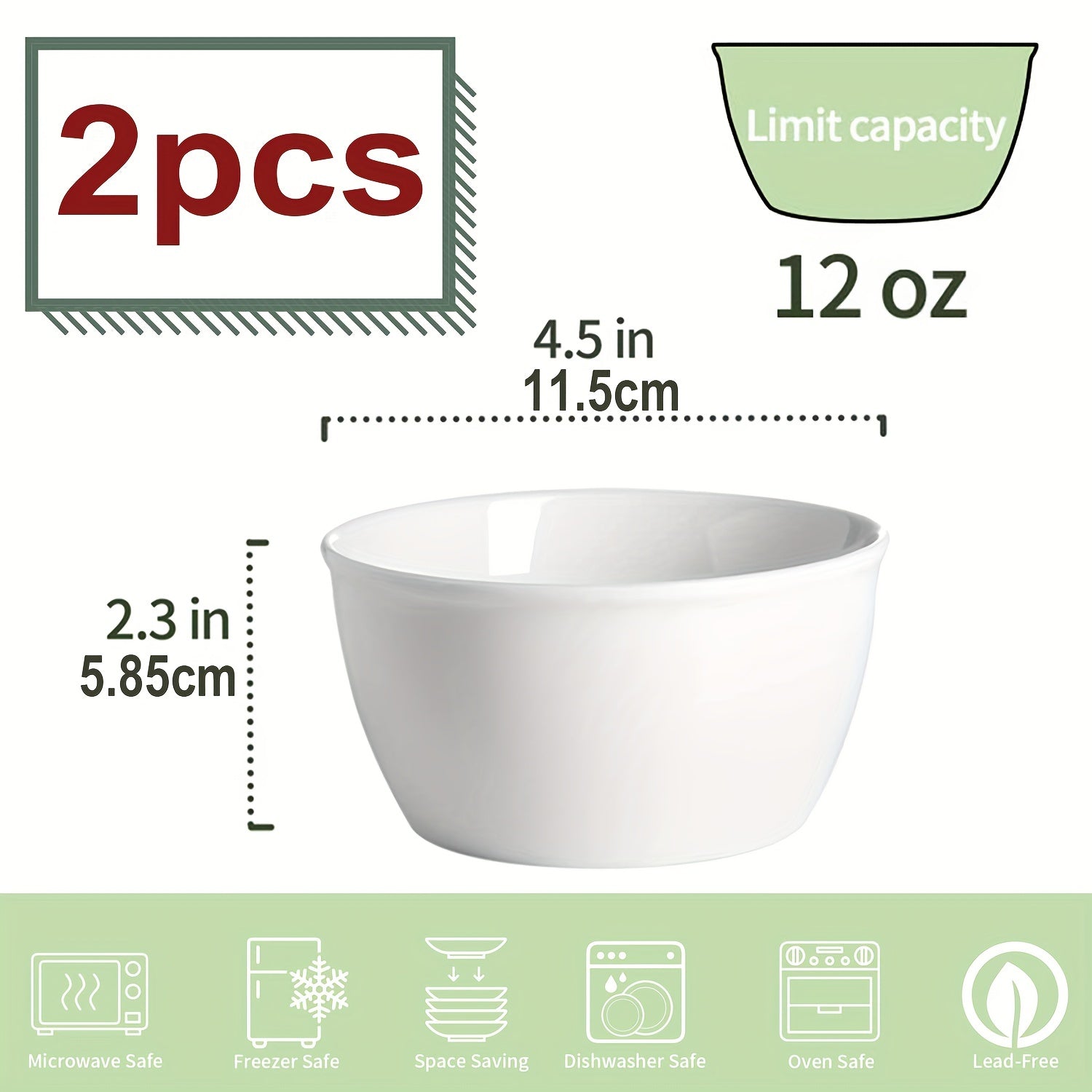 Set of 6 Ceramic Ice Cream & Cereal Bowls Porcelain Soup Bowls 12 Oz Small