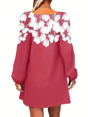 Floral Print V Neck Dress Long Sleeve Dress for Spring & Fall