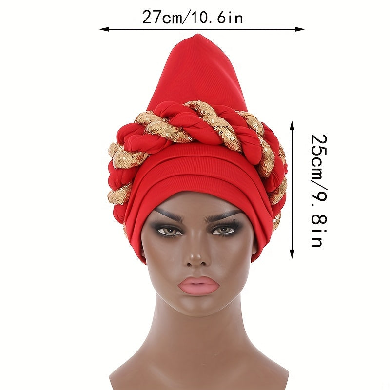 Sequin Red Turban Elastic Head Wrap Pre-tied Ramadan Hijab Women Bandana