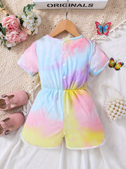 Girls Tie Dye Round Neck Short Sleeve Romper Jumpsuit