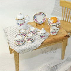 15pcs Dollhouse Food Playset with Ceramic Tea Set and Teacups