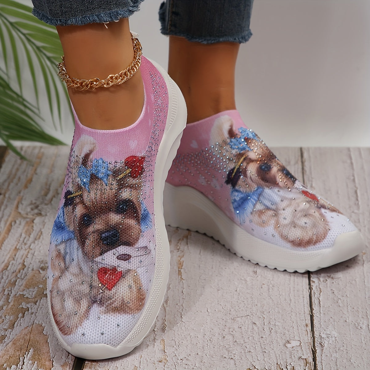 Cartoon Dog Print Rhinestone Mesh Running Shoes