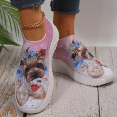 Cartoon Dog Print Rhinestone Mesh Running Shoes