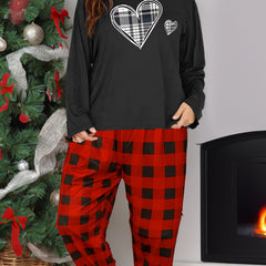 Plus Size Heart Print Lounge Set Women's Plus Plaid Pajamas 2 Piece Set