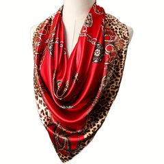 Red Square Scarf Leopard Print Gold Chain Silk Neck Shawl Headwrap