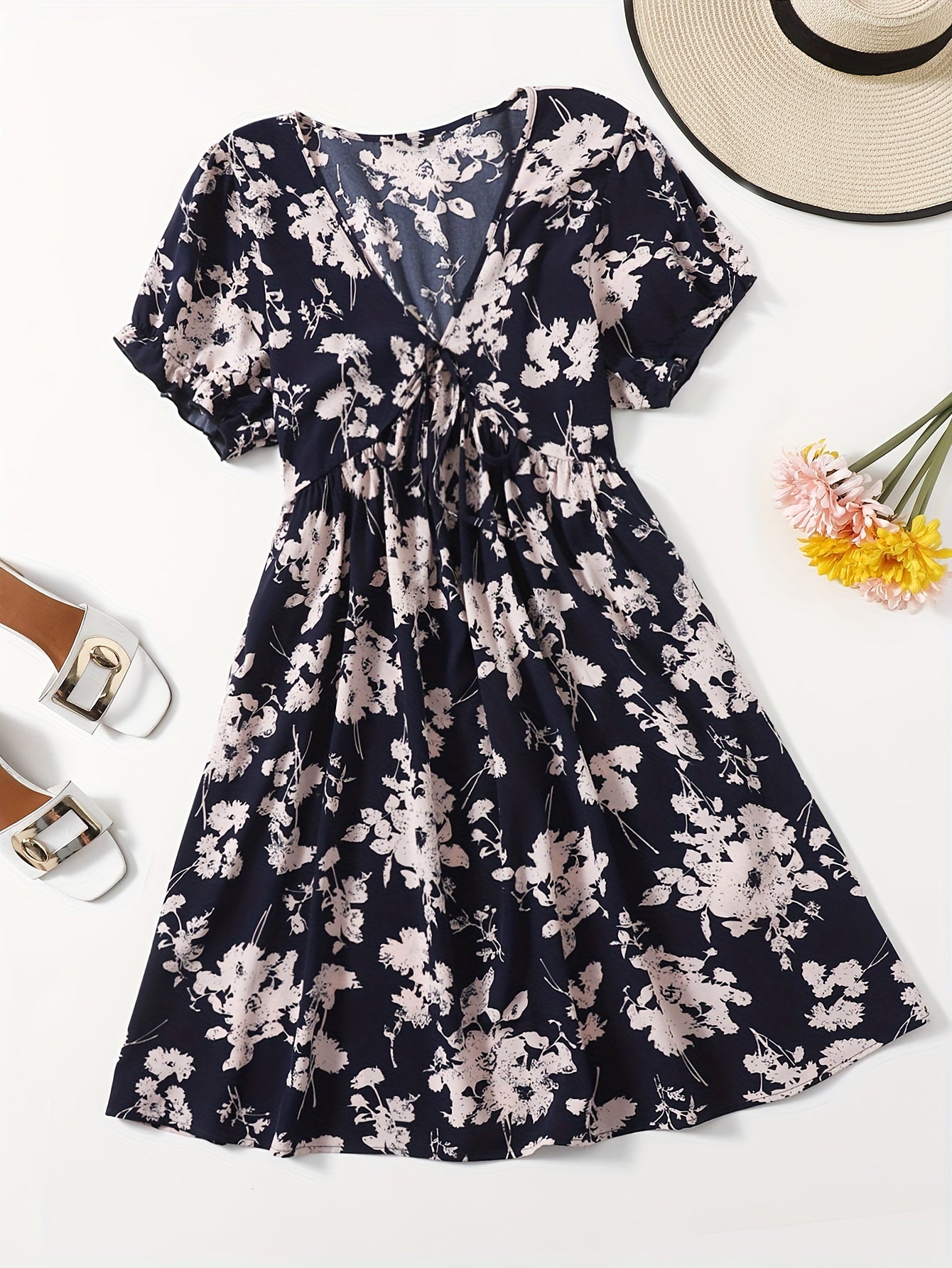 Plus Size Boho Dress Women's Plus Floral Print Puff Sleeve V Neck Dress