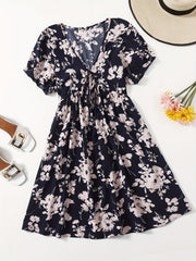 Plus Size Boho Dress Women's Plus Floral Print Puff Sleeve V Neck Dress
