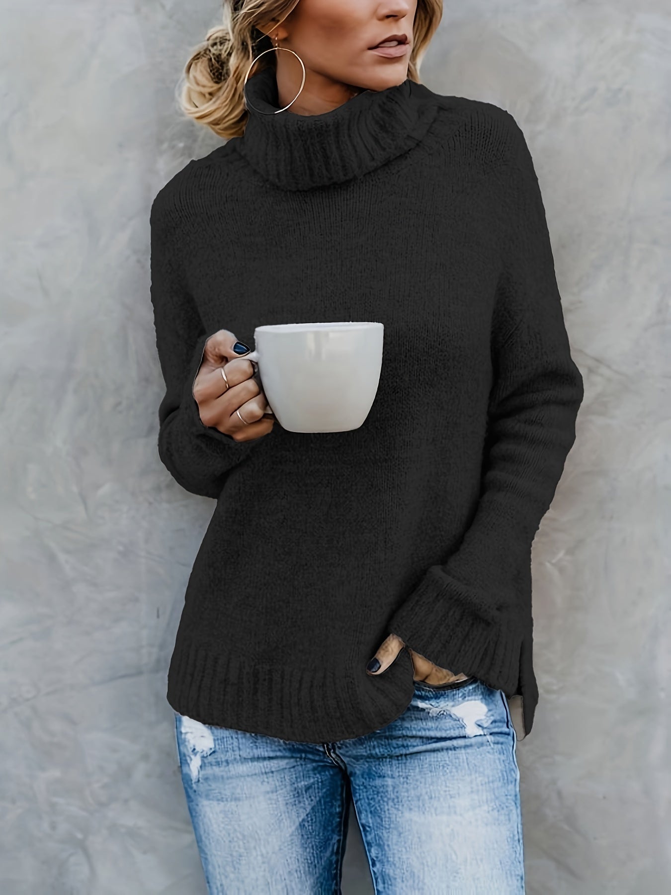 Solid Turtle Neck Pullover Sweater Long Sleeve Split Sweater