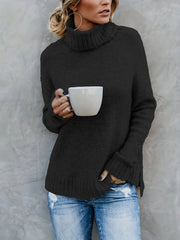 Solid Turtle Neck Pullover Sweater Long Sleeve Split Sweater