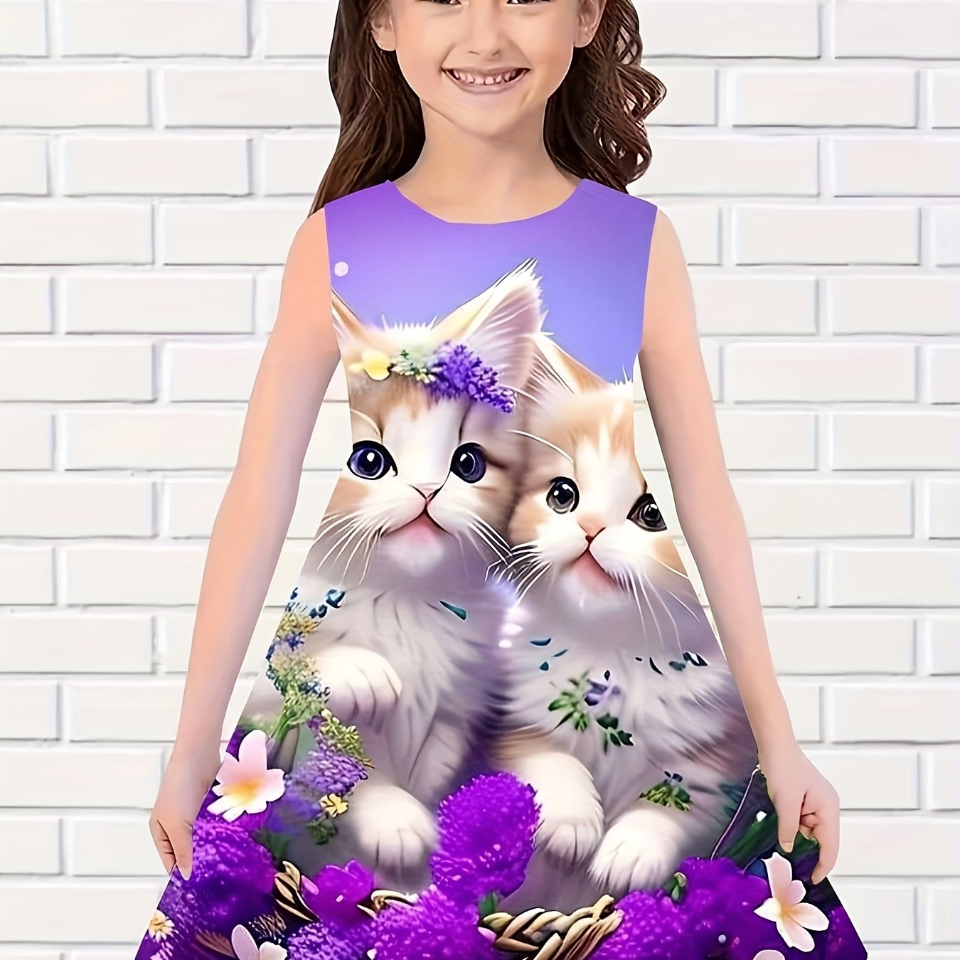 Kitty Print Sleeveless Dress Girls Summer Party Outdoor