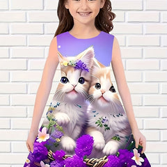 Kitty Print Sleeveless Dress Girls Summer Party Outdoor