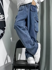 Men's Wide Leg Denim Cargo Pants Retro Style Spring Summer