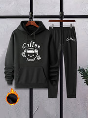 Men's Coffee Cup Print 2Pcs Outfits Crew Neck Long Sleeve T Shirt Hoodie & Sweat