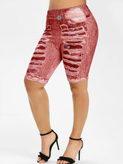 Rose & Denim Print Leggings Casual Sporty Skinny Stretchy Leggings