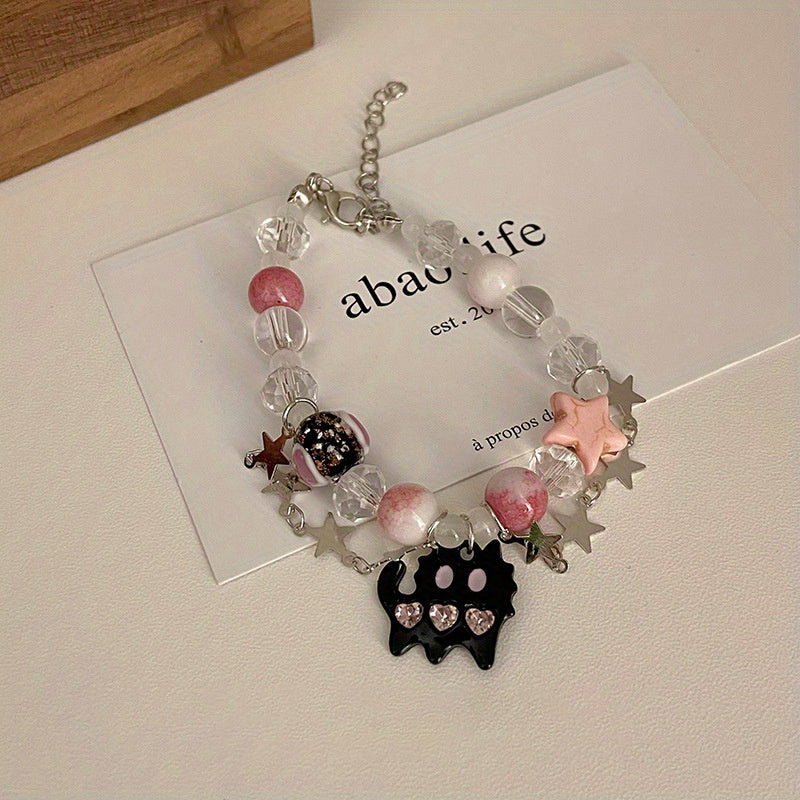 Ghost Cat Pink Beaded Bracelet Star Decor Double Layered Bracelet Y2K Jewelry